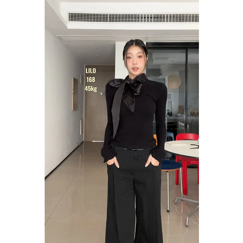 withmin经典C位 绑带蝴蝶结显瘦打底秋冬内搭针织上衣【2412348】