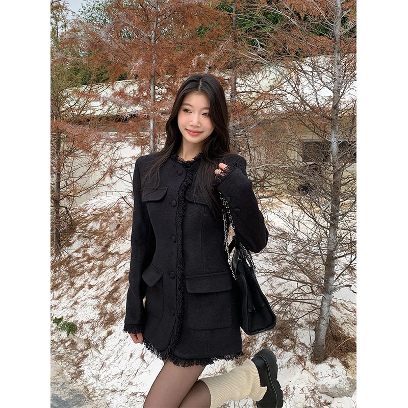 withmin复古千金 小香风收腰毛呢流苏秋冬高级大衣外套【2411918】