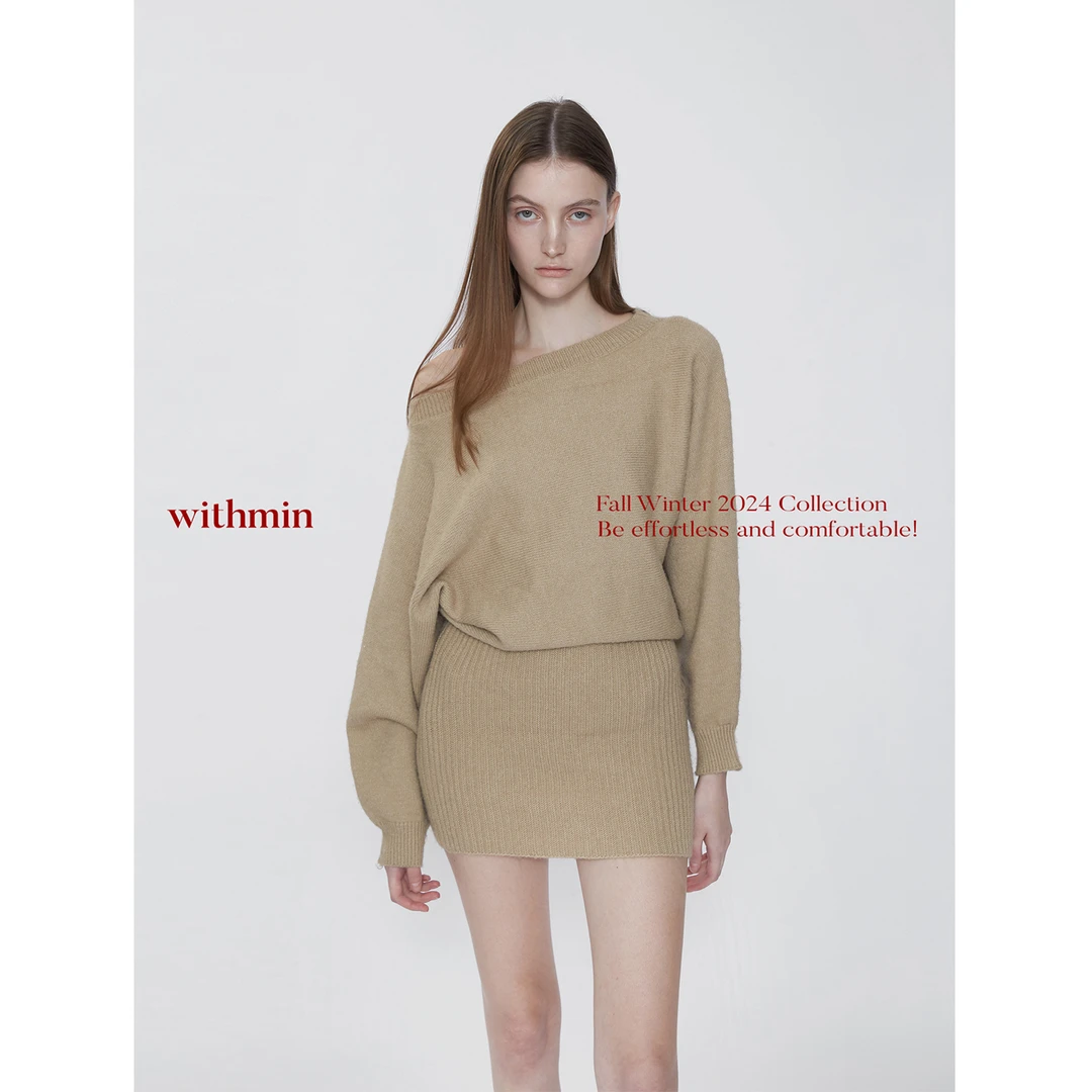 【现货】秋日降临 慵懒风长袖斜肩毛衣连衣裙女【2411517】