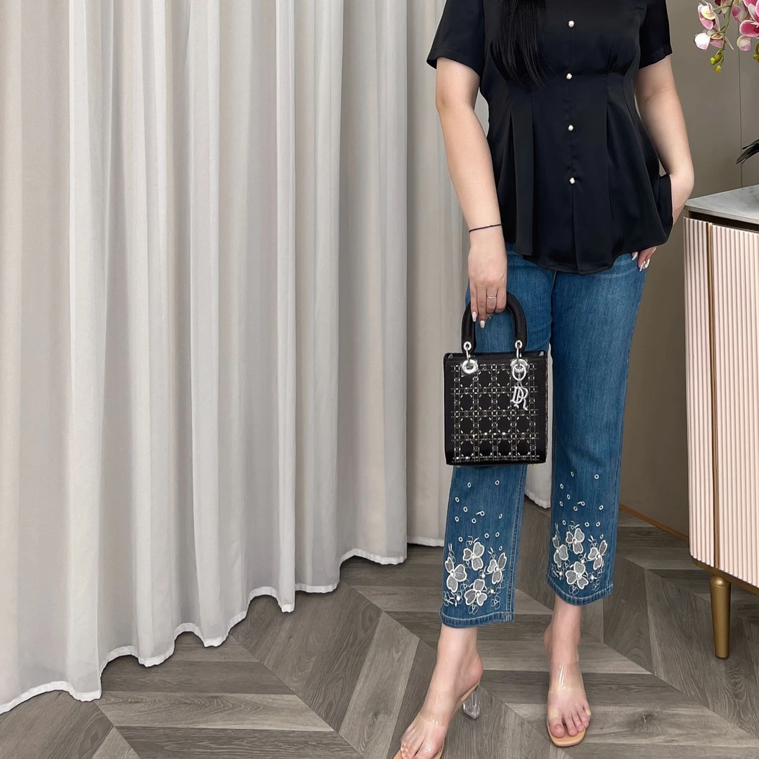 【现货仅裤子】PMM81305新款夏季刺绣花钉珠高腰直筒百搭显瘦牛仔裤