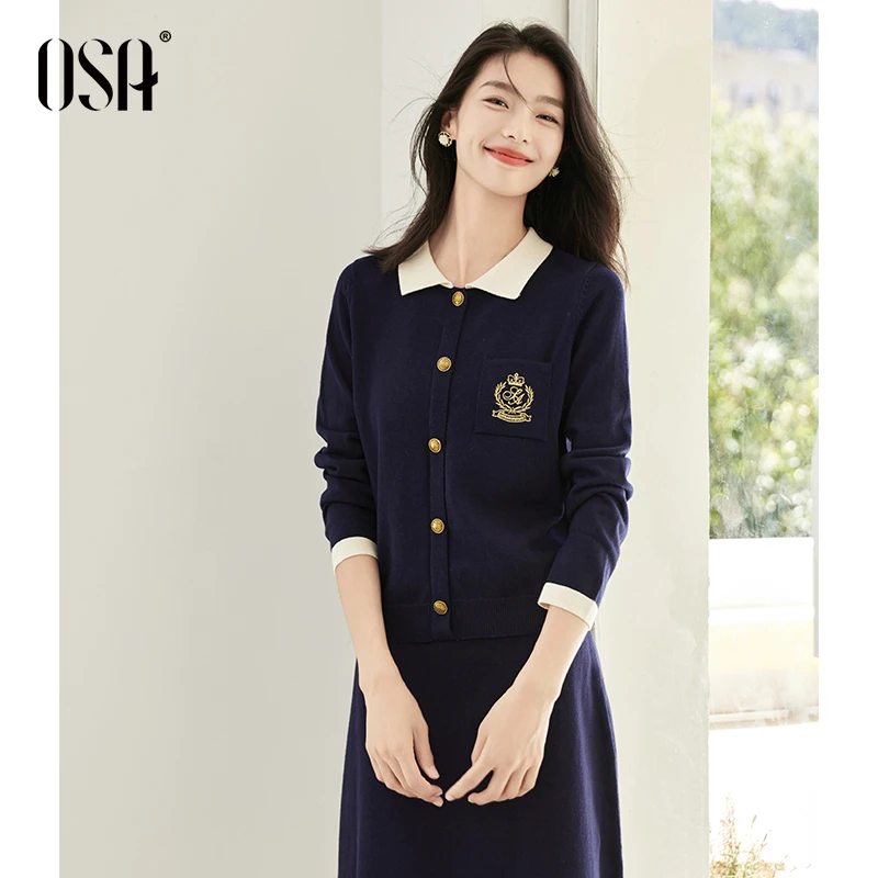 OSA/欧莎 领假两件学院风撞色针织衫女刺绣套头毛衣S124C16016