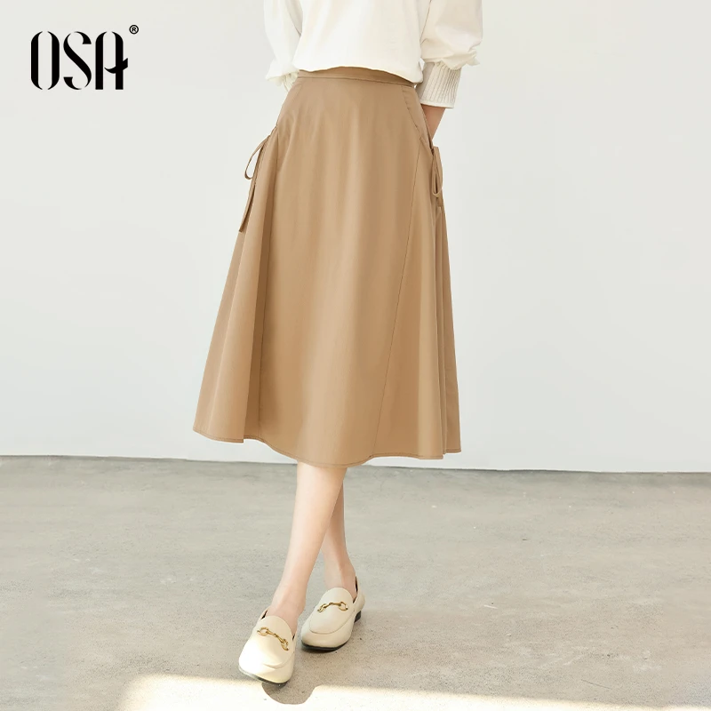 OSA/欧莎 卡其色A字半身裙女士休闲通勤显瘦伞裙S124C51004