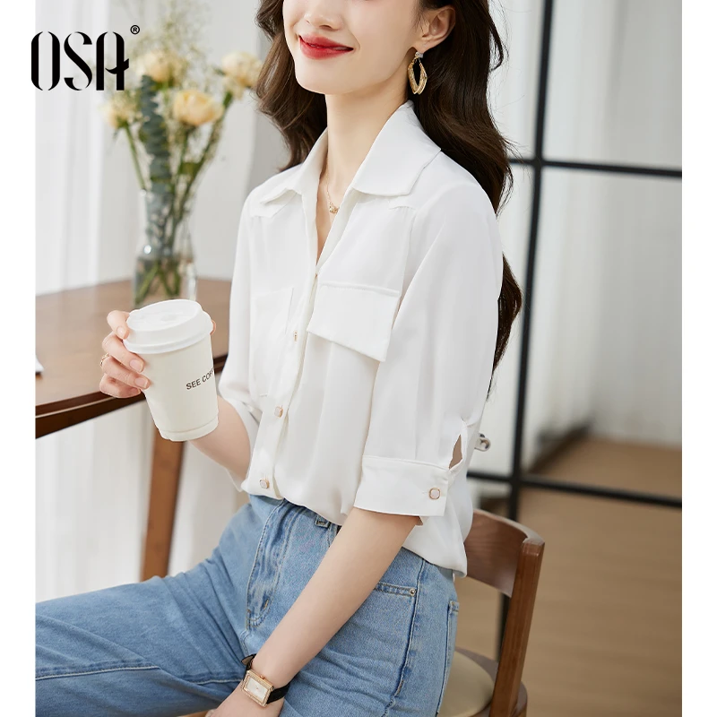 OSA/欧莎 白色职业雪纺衬衫上衣女夏季显瘦宽松衬衣S123B12018