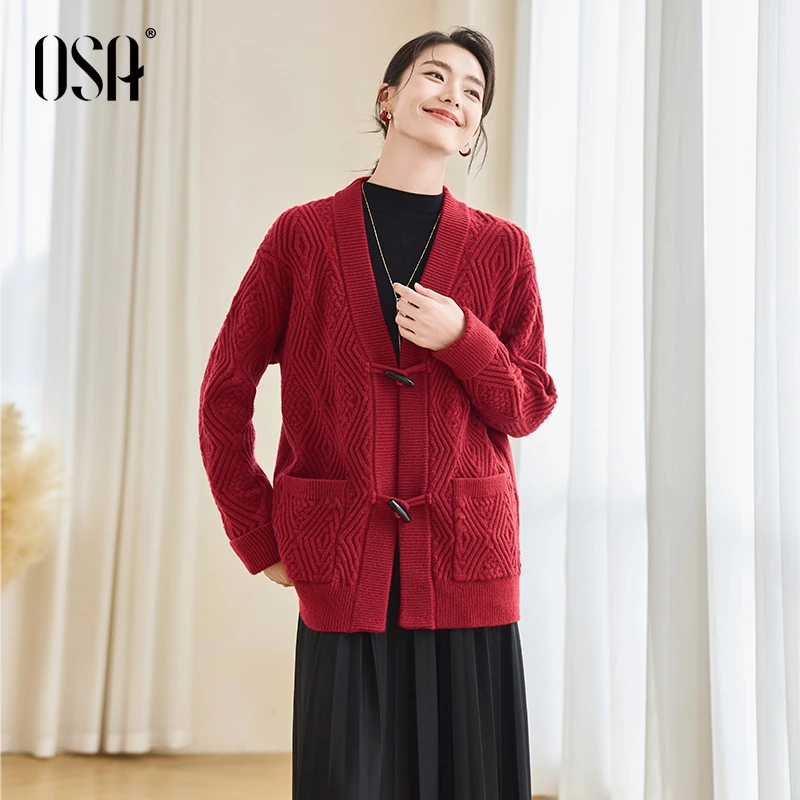 OSA/欧莎 复古提花针织开衫中国红慵懒宽松外套女S124C16057