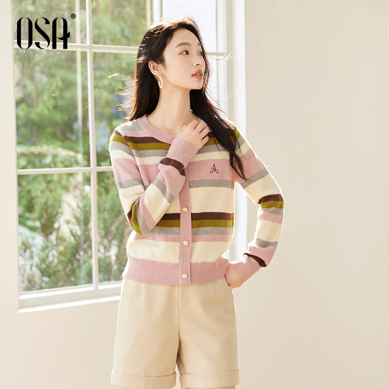 OSA/欧莎 多巴胺渐变条纹针织衫女软糯显白甜美上衣S124C16066