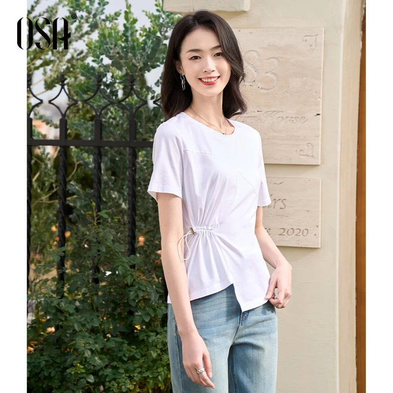 OSA/欧莎 色T恤女夏掐腰不规则气质显瘦短袖上衣S124B11010