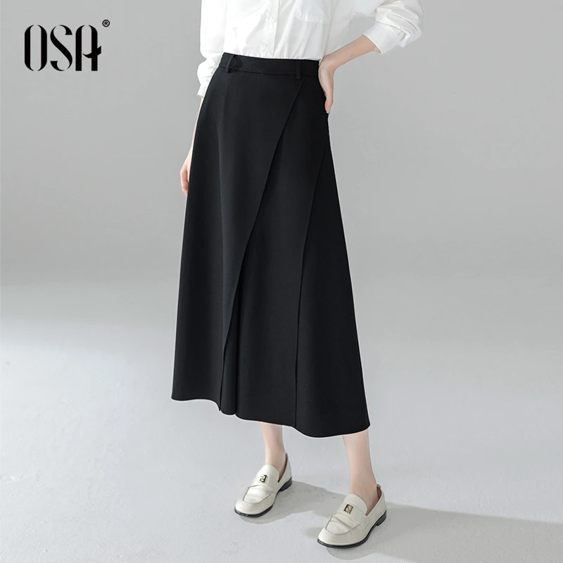 OSA/欧莎黑色别致设计感裙裤秋季新款垂感八分阔腿裤S124C52002