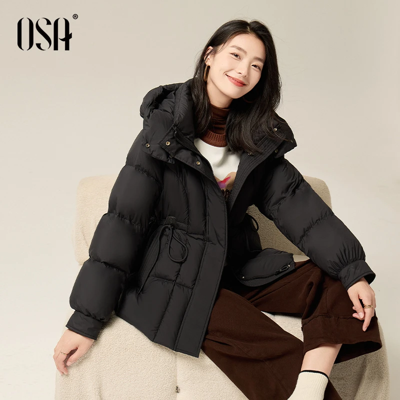 OSA/欧莎 黑色连帽羽绒服女秋冬季抽绳收腰保暖外套S124D20009