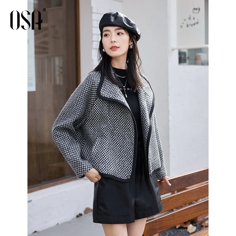 OSA/欧莎 大翻领粗花呢外套女高级感短款小个子大衣S124D25009