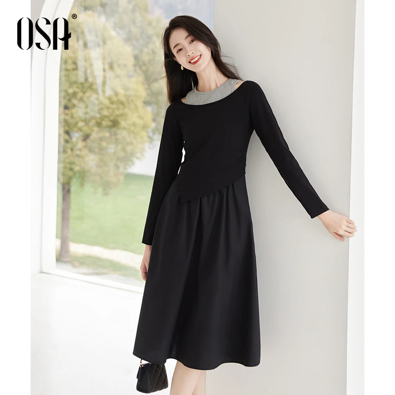 OSA/欧莎 慵懒风假两件一字肩连衣裙女设计感显瘦裙子S124A13008