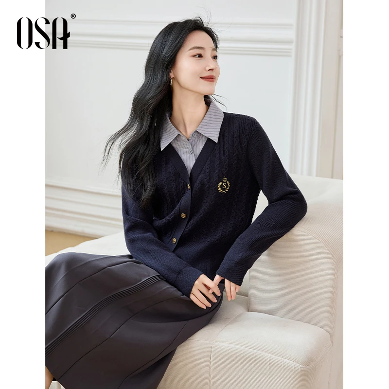 OSA/欧莎 学院风假两件针织衫女韩系衬衫领刺绣上衣S124D16001