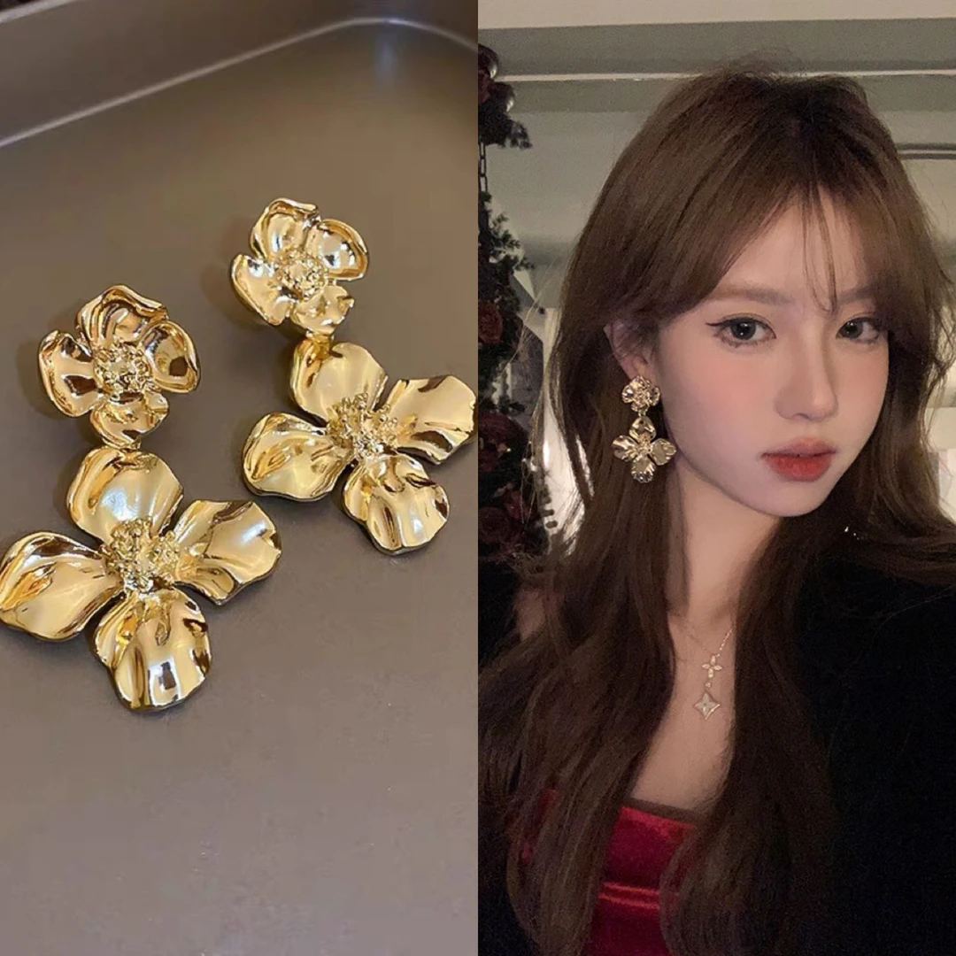 925银耳饰 高级感金属花朵耳钉冷淡风夸张大气耳环复古设计感耳坠