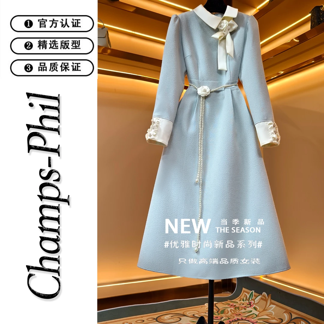 原创设计蝴蝶结拼接连衣裙女法式优雅气质时尚收腰轻奢女装-85682