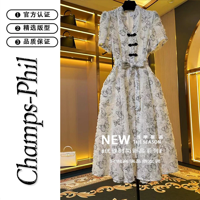 原创设计蝴蝶提花绑带连衣裙高贵气质优雅法式时尚轻奢女装-83609