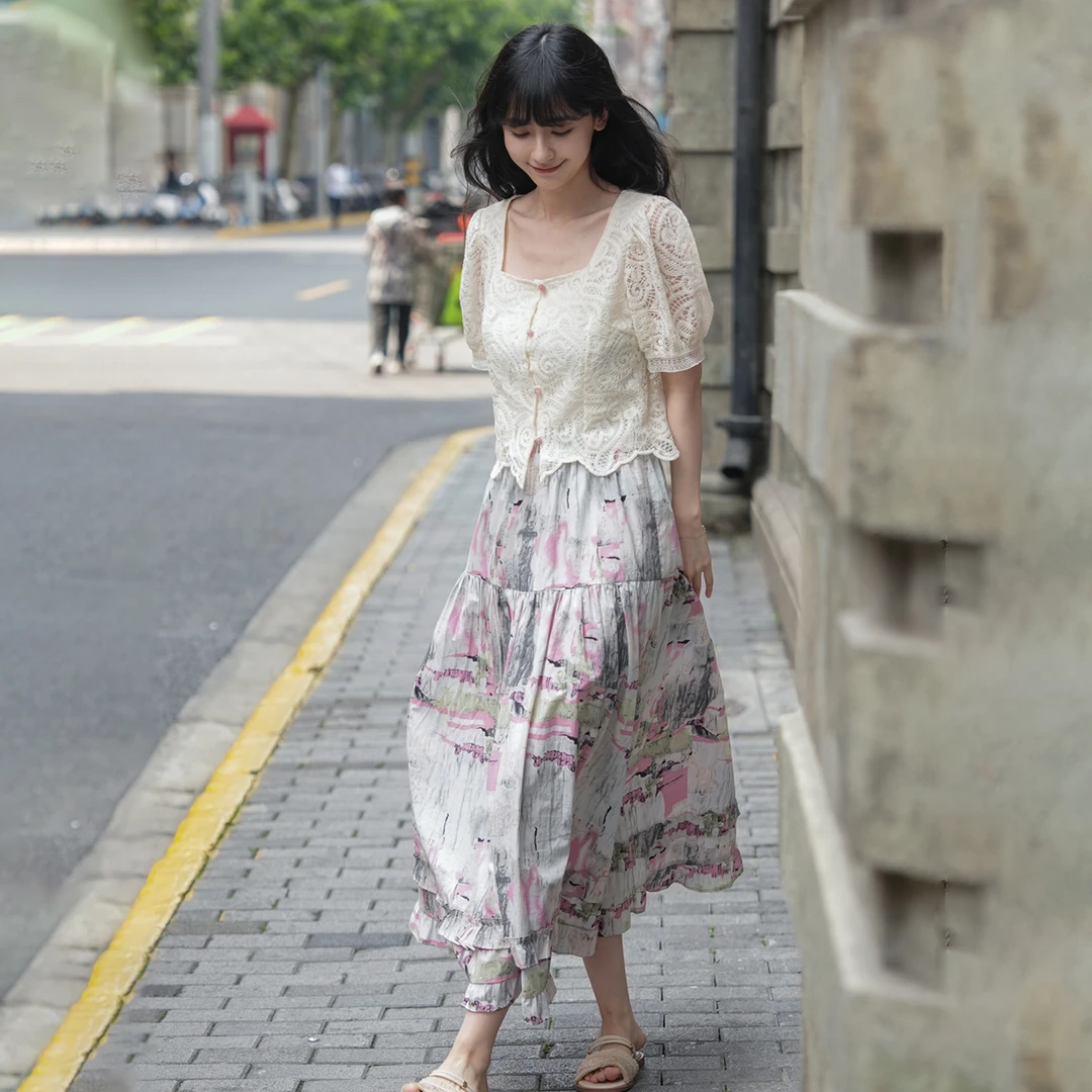 小镇姗姗 云间漫步~高腰印花纯色A字半身裙夏季新款休闲显瘦长裙