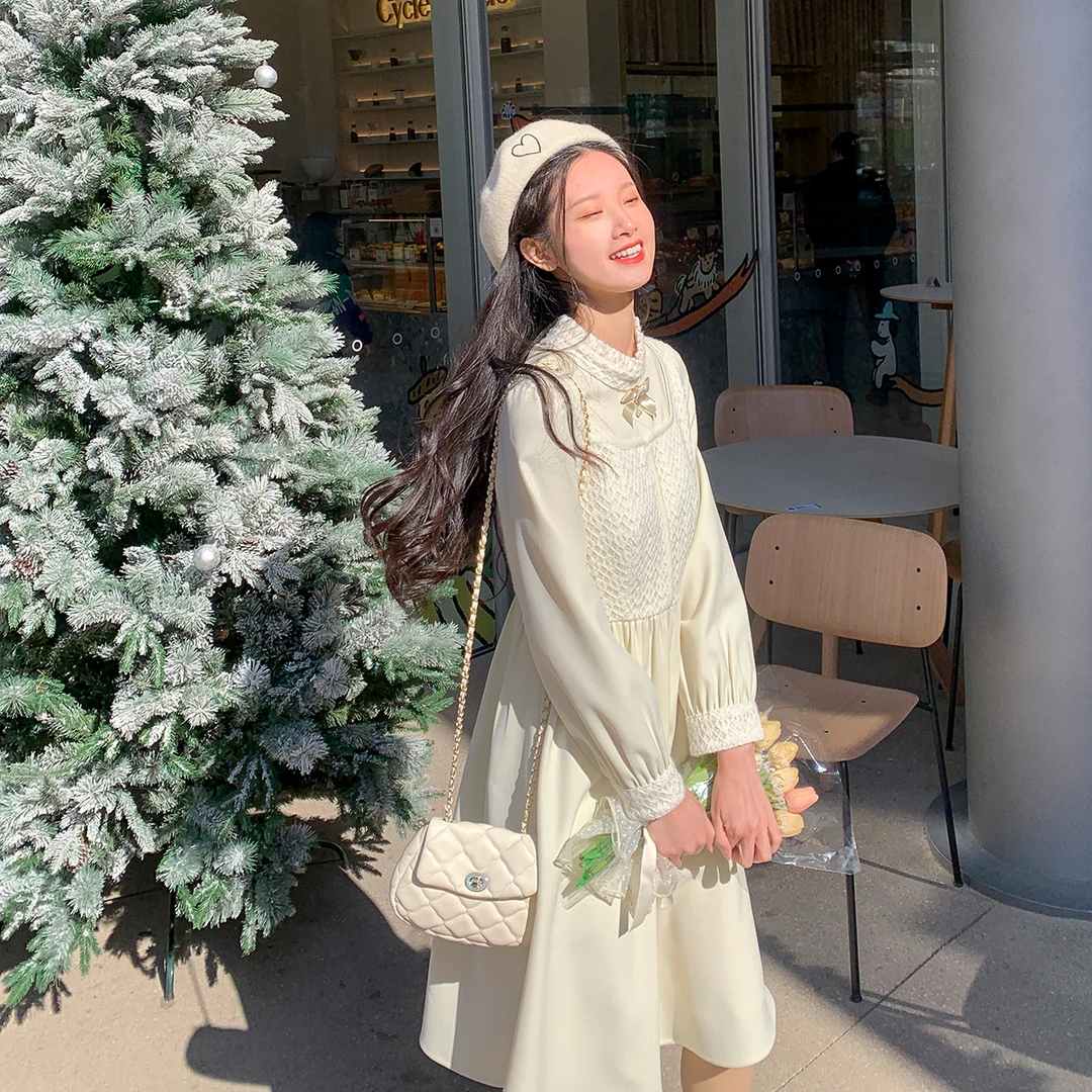 小镇姗姗梦幻女孩 连衣裙蕾丝假两件秋冬打底裙内搭复古法式甜美