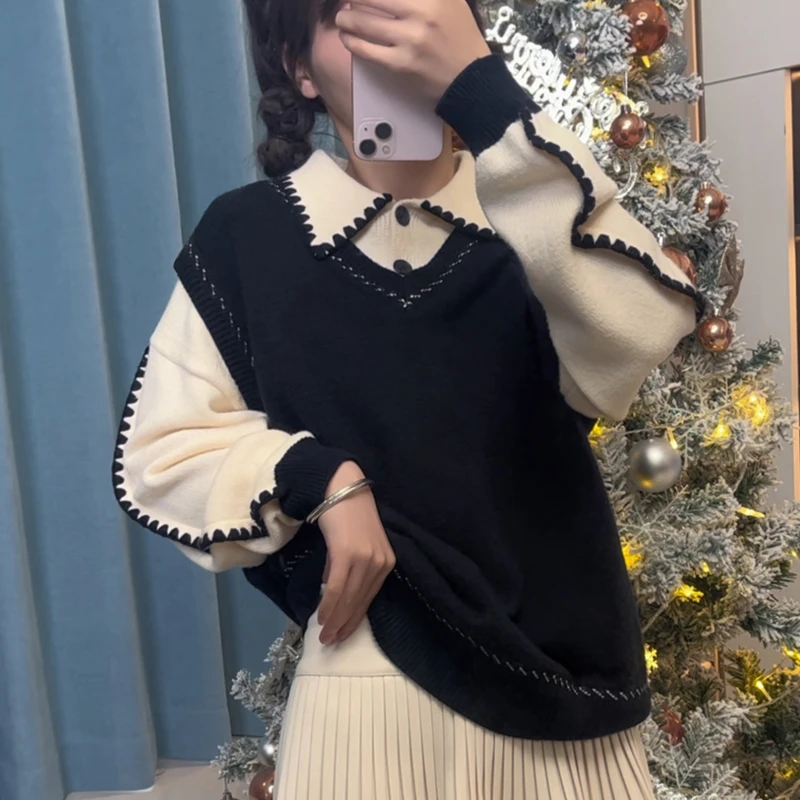 假两件毛衣女春秋冬2025年新款纯色打底学院风拼接加厚针织衫