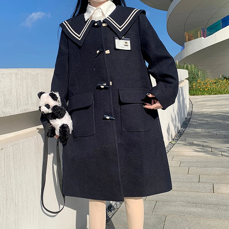 毛呢外套少女秋冬装2023年新款学生牛角扣中长款夹棉加厚呢子大衣