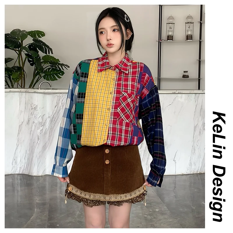 设计感格子拼接长袖衬衫女2025秋冬新款休闲复古宽松百搭衬衣服