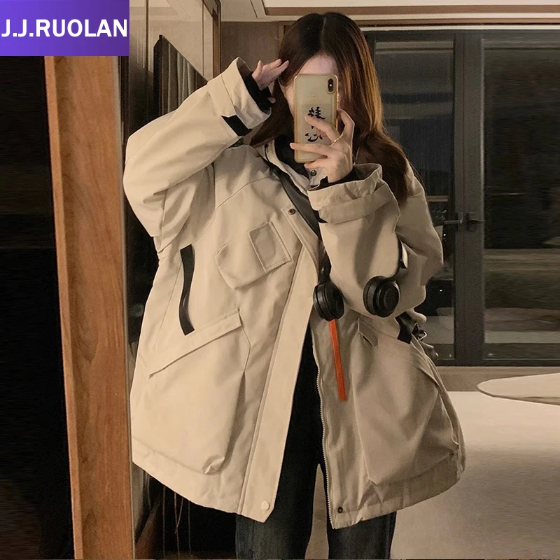 W工装连帽棉服少女冬装2023新款学生棉袄子派克服棉衣外套-J0669