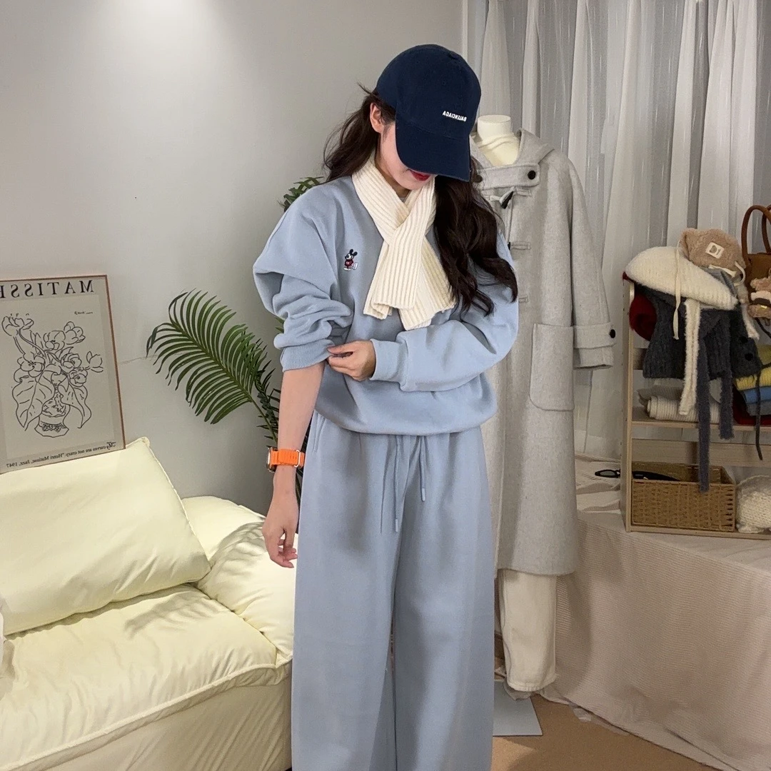 [xixi]双色卫衣套装~秋冬加绒加厚宽松显瘦卫衣卫裤减龄套装