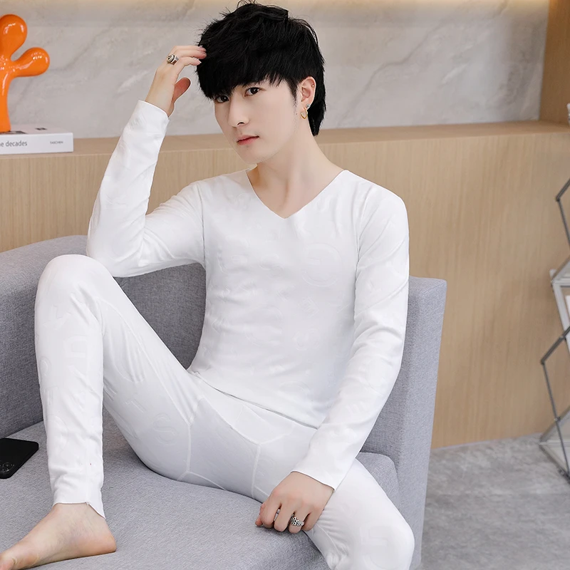 秋衣秋裤内衣套装男士双面德绒冬季中青年潮流保暖无痕提花打底衫