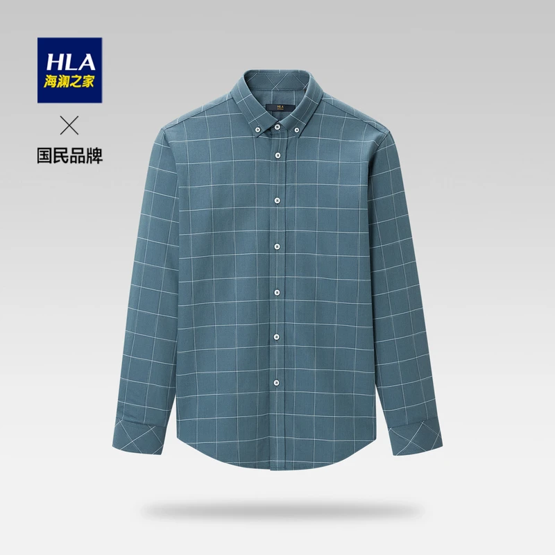 HLA/海澜之家男士格子时尚制扣领顺滑长袖休闲衬衫柔软舒适衬衣