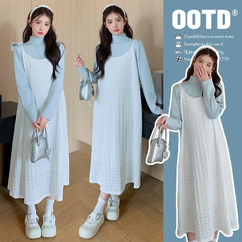 XIAOBU~孕妇装2025早春时尚高级感刺绣碎花吊带裙+浅蓝色打底衫