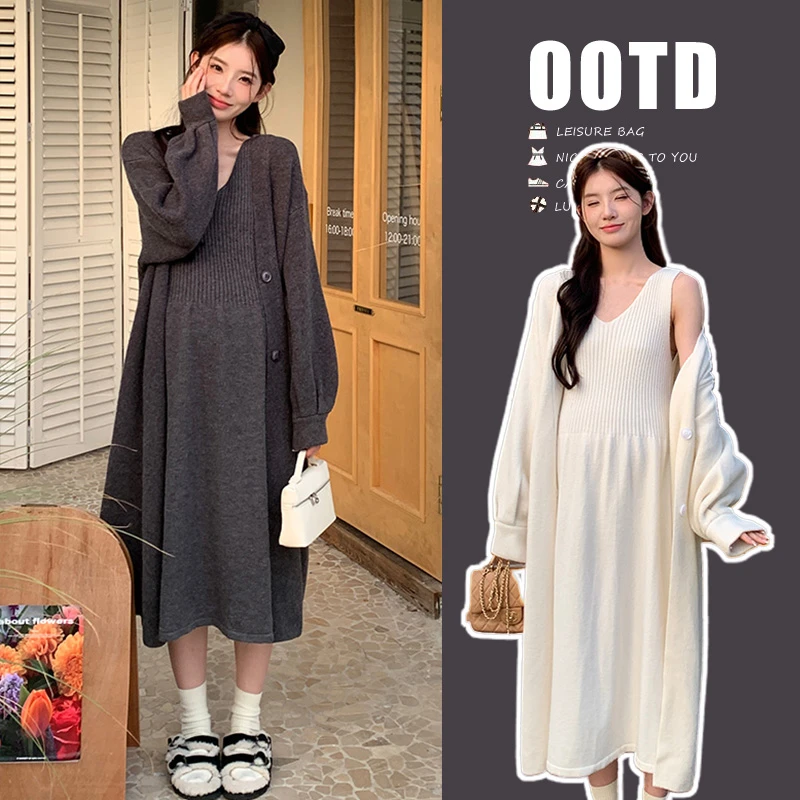 XIAObu-小个子孕妇显瘦慵懒洋气加长软糯针织开衫+吊带裙两件套