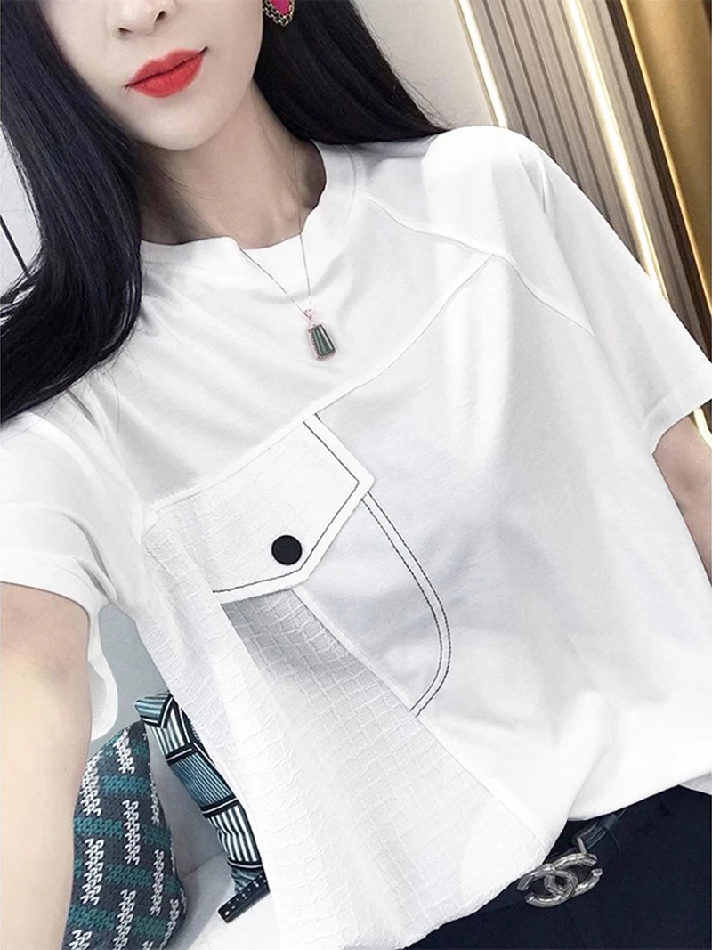 时尚流行上衣2025新款高端潮牌女装上档次假口袋漂亮正肩短袖T恤