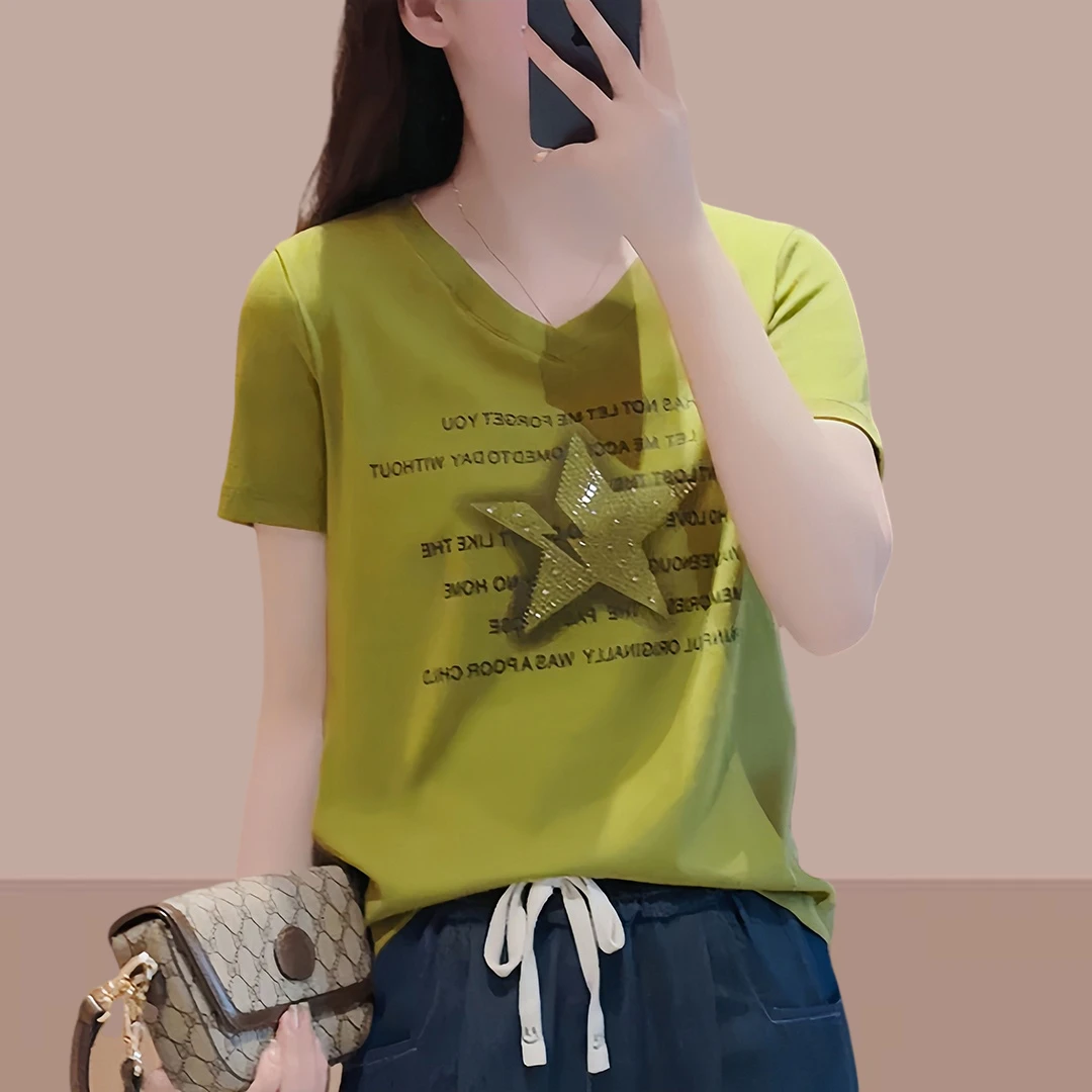 纯棉短袖T恤高端设计感烫钻印花上衣2025夏季爆款洋气精品女装