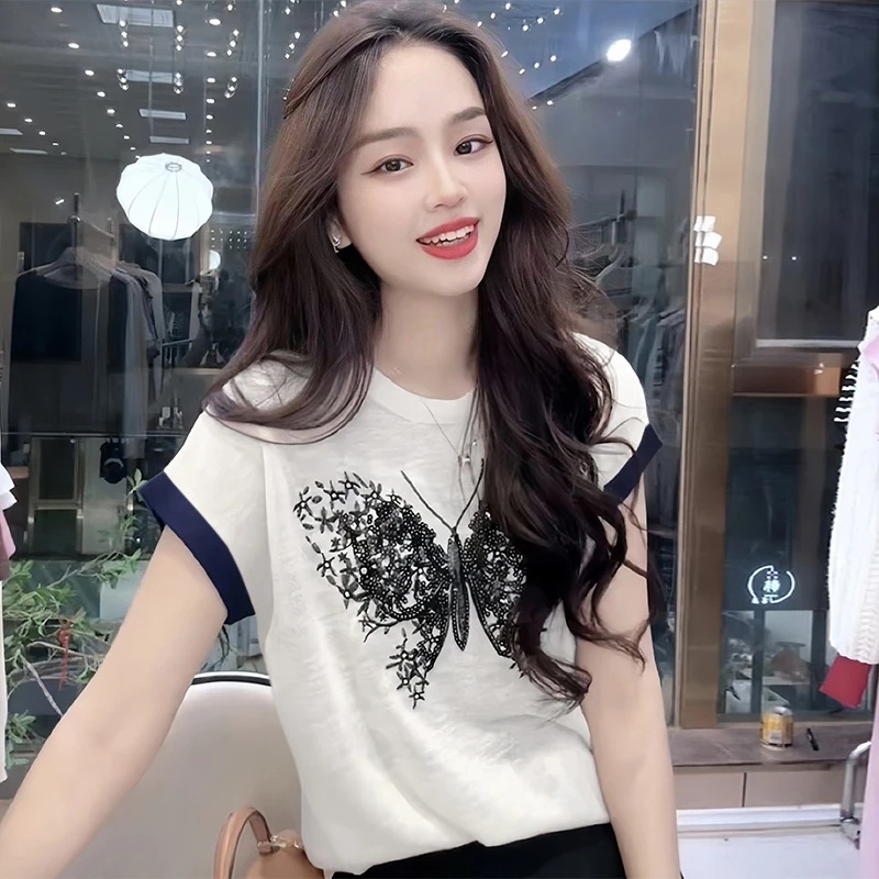 纯棉t恤女款蝴蝶印花设计感小众上衣女2025夏季新款时尚潮牌短袖