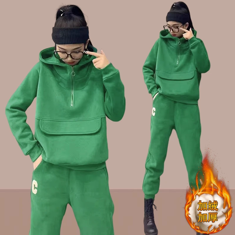 韩版休闲时尚套装女2025冬季新款加绒加厚上档次外套长裤冬款女装