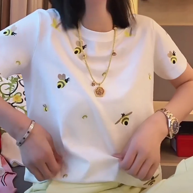纯棉白色上衣女款高级感绣花T恤夏季2025新款爆款时尚款流行短袖