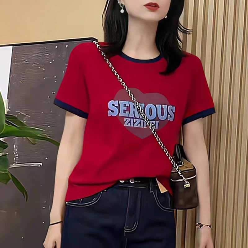 纯棉短袖上衣女时尚洋气设计感心形印花韩版女衫2025夏季新款T恤