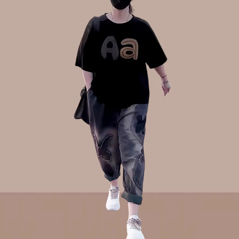 潮流运动服套装2025夏季新款休闲女装时尚宽松版T恤牛仔裤两件套