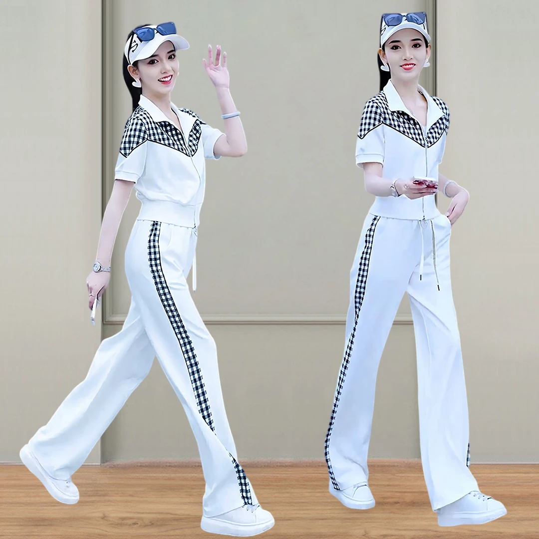 2025夏季宽松洋气休闲女装运动服网红款短袖外套阔腿裤套装一整套