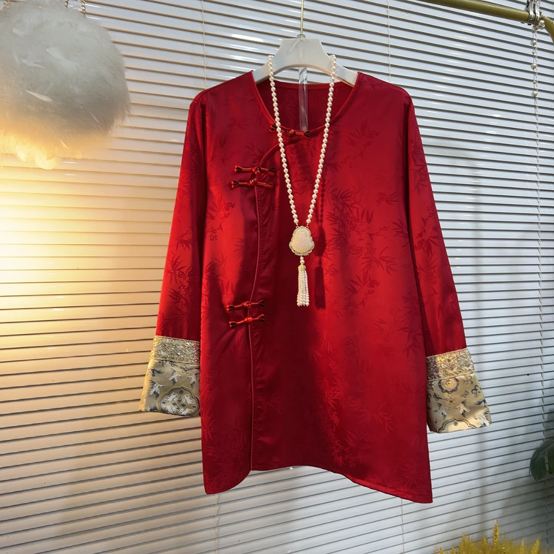 胖MM早春新款百搭遮肉提花圆领不规则国风打底衫9129