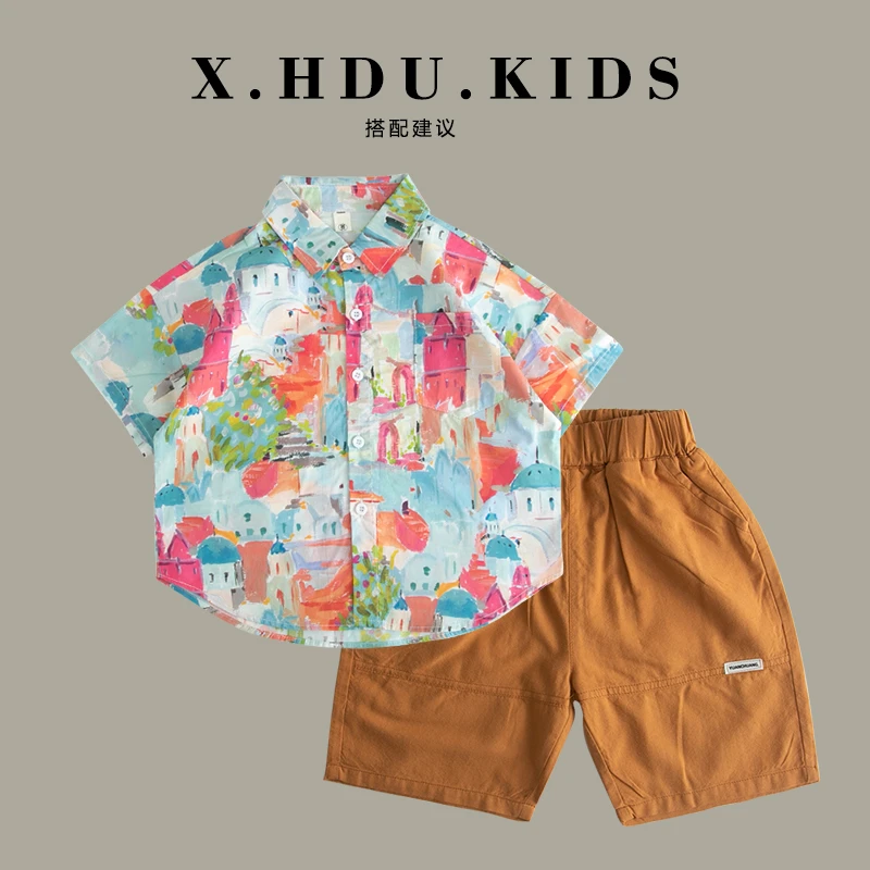 【小护犊】儿童衬衫男童短袖花衬衣中小童洋气宽松休闲夏季纯棉上衣