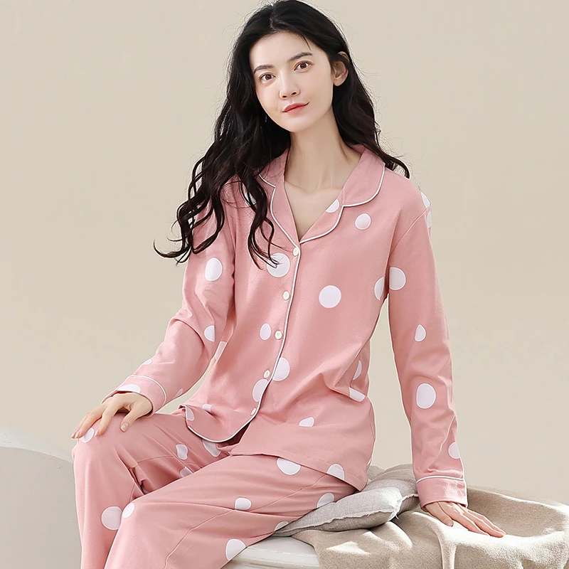 100%纯棉长袖长裤秋款纽扣开衫翻领休闲可外穿女士睡衣套装家居服