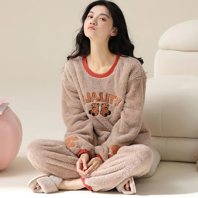 秋冬加厚加绒长毛绒法兰绒珊瑚绒保暖甜美大码外穿圆领睡衣居家