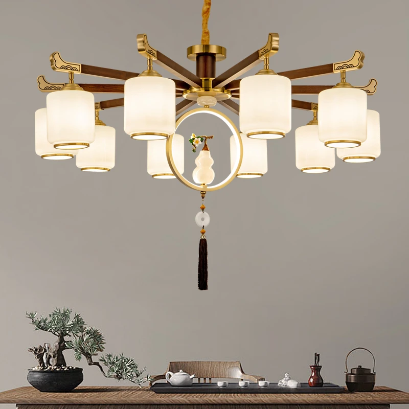 新中式全铜乌檀木吊灯高端大气别墅大吊灯客餐厅卧室书房过道灯具