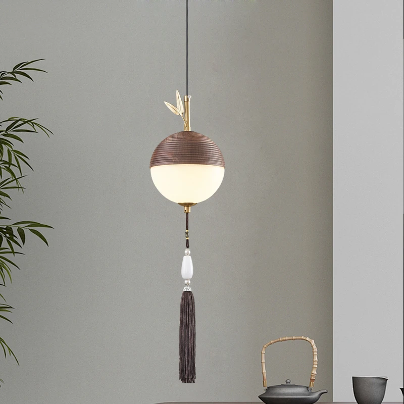 新中式全铜+北美黑胡桃木禅意大气简约客厅床头小吊楼梯吊灯餐厅