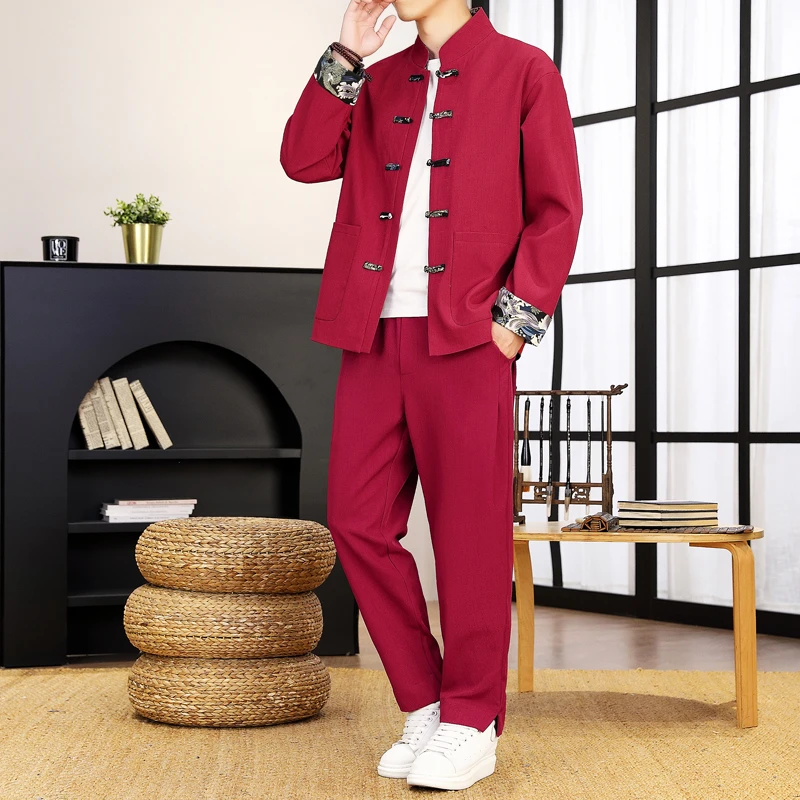 中国风套装男春秋款中式唐装外套宽松休闲大码男士套装汉服中山装