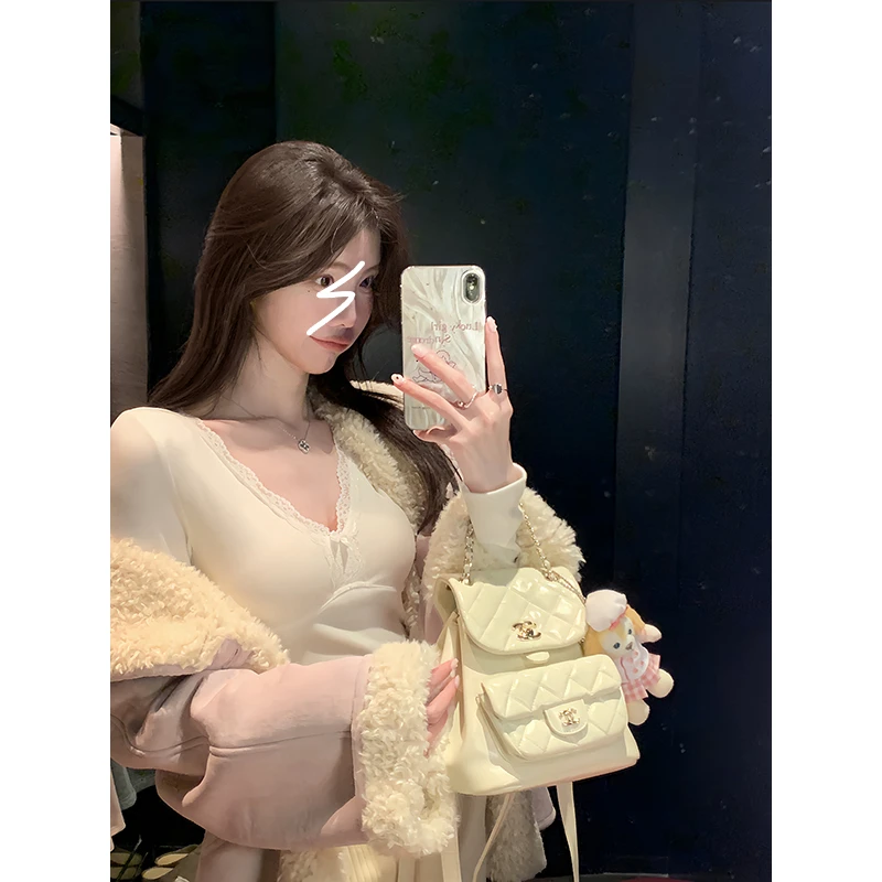 纯欲蕾丝V领蝴蝶结针织长袖t恤女秋冬修身内搭打底衫性感辣妹上衣