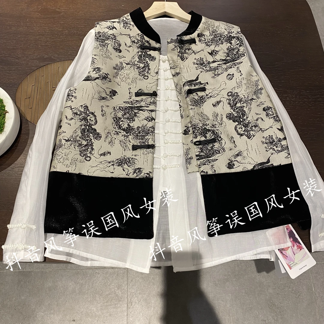 “水墨画”马甲撞色拼接设计新中式减龄复古马夹气质坎肩上衣