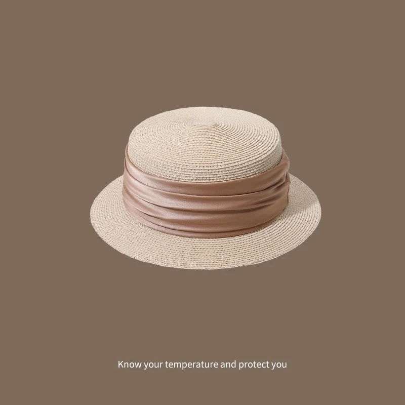 小帽檐日系褶皱丝带草帽女夏出游防晒小沿平顶帽度假时尚百搭礼帽