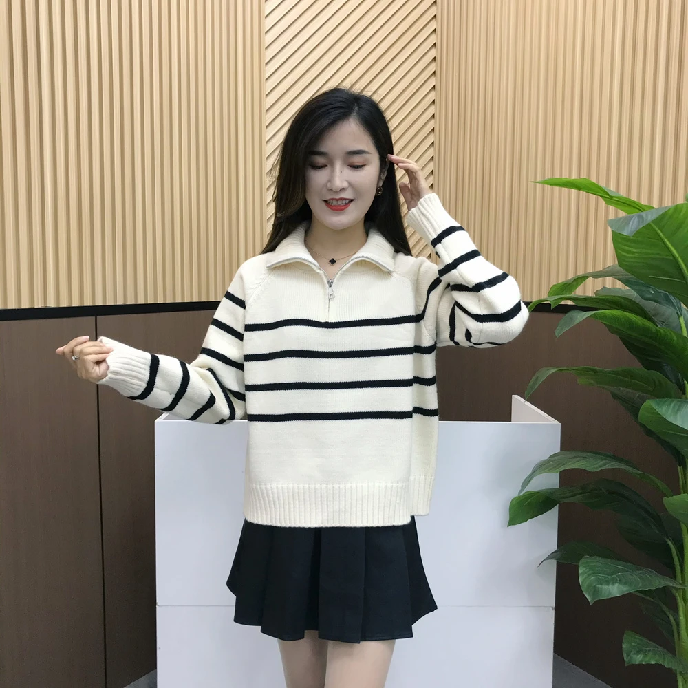 半拉链翻领条纹毛衣女秋冬款小个子宽松外穿慵懒针织衫高级感上衣