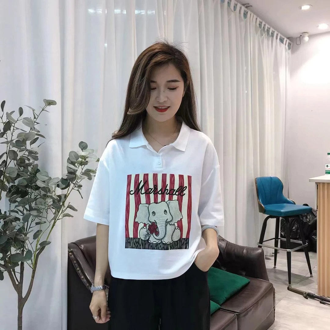 大象印花灰色polo衫短袖t恤女2024新款夏季小个子宽松短款上衣女