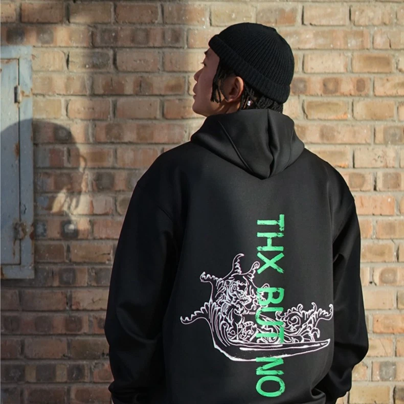 但是不了THXBUTNO串角麒麟印花美式长袖连帽休闲卫衣男女同款刺绣